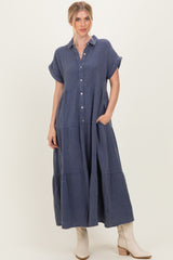 Navy Breezy Mineral-Washed Gauze Maxi Shirt Dress