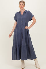 Navy Breezy Mineral-Washed Gauze Maxi Shirt Dress