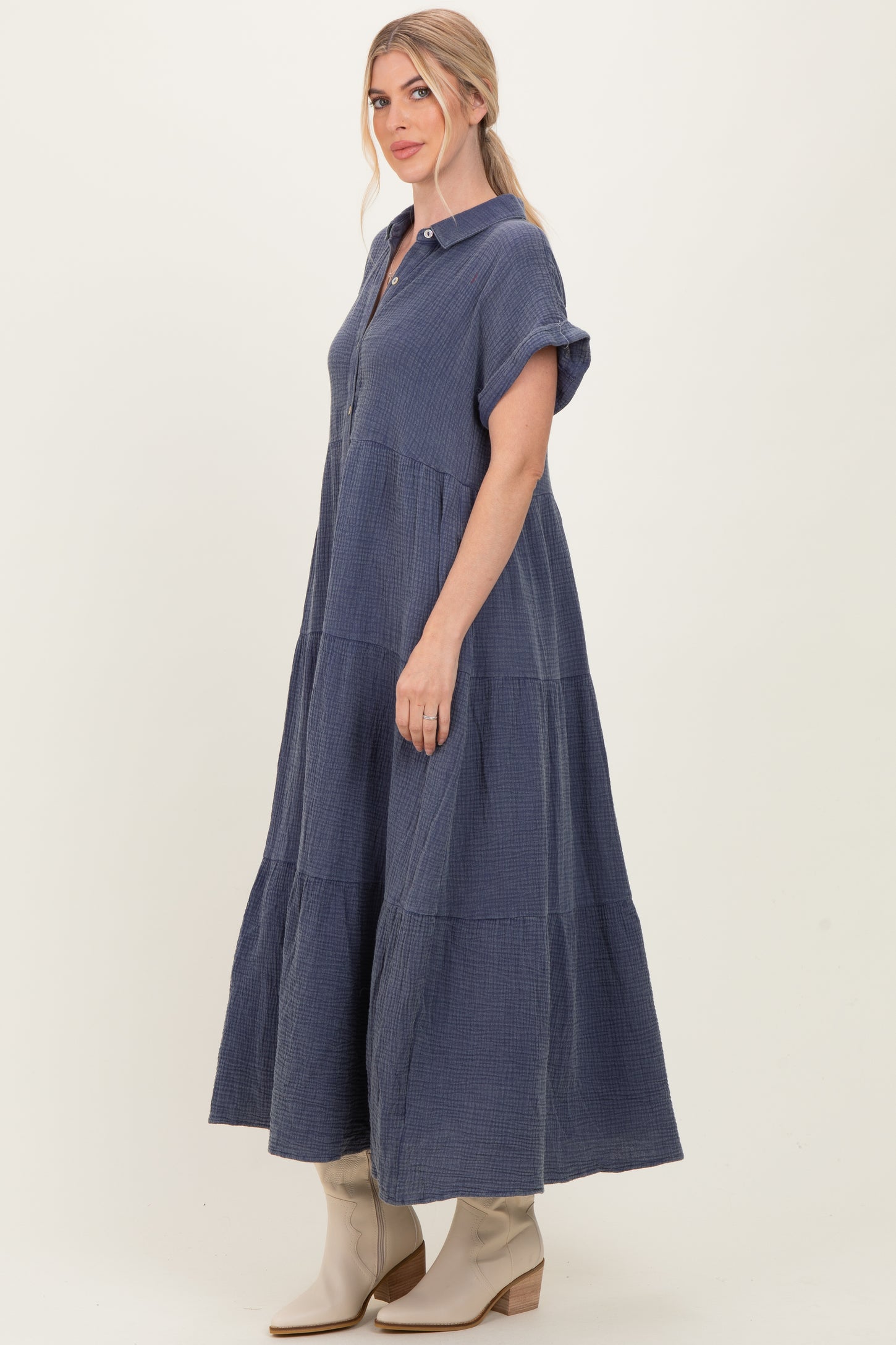 Navy Breezy Mineral-Washed Gauze Maxi Shirt Dress