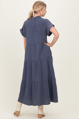 Navy Breezy Mineral-Washed Gauze Maxi Shirt Dress