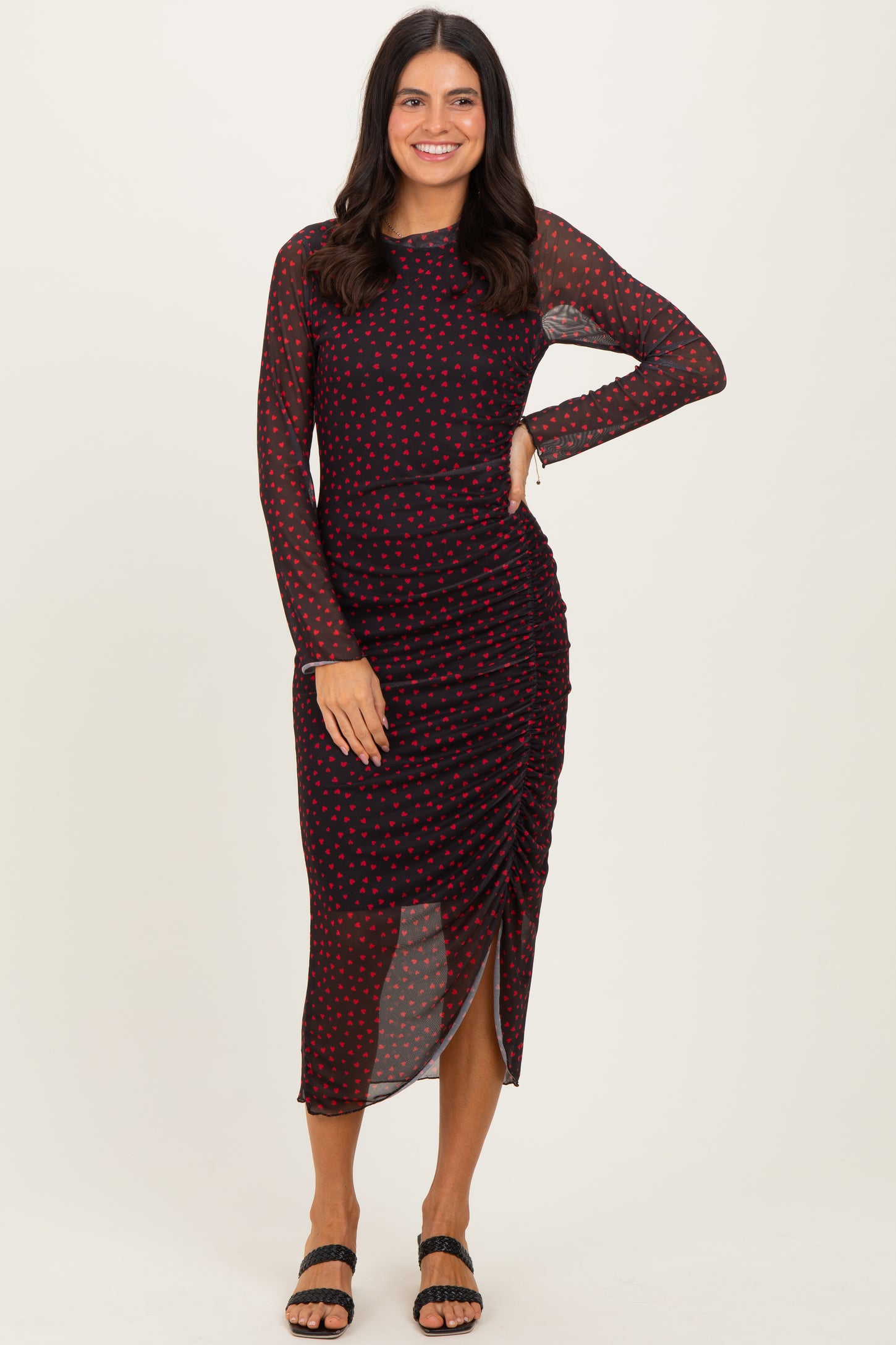 Black Red Heart Print Mesh Dress