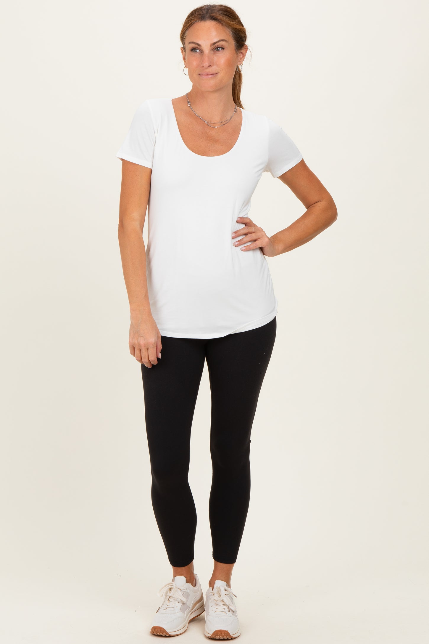 White Short Sleeve Scoop Neck Maternity Knit T-Shirt