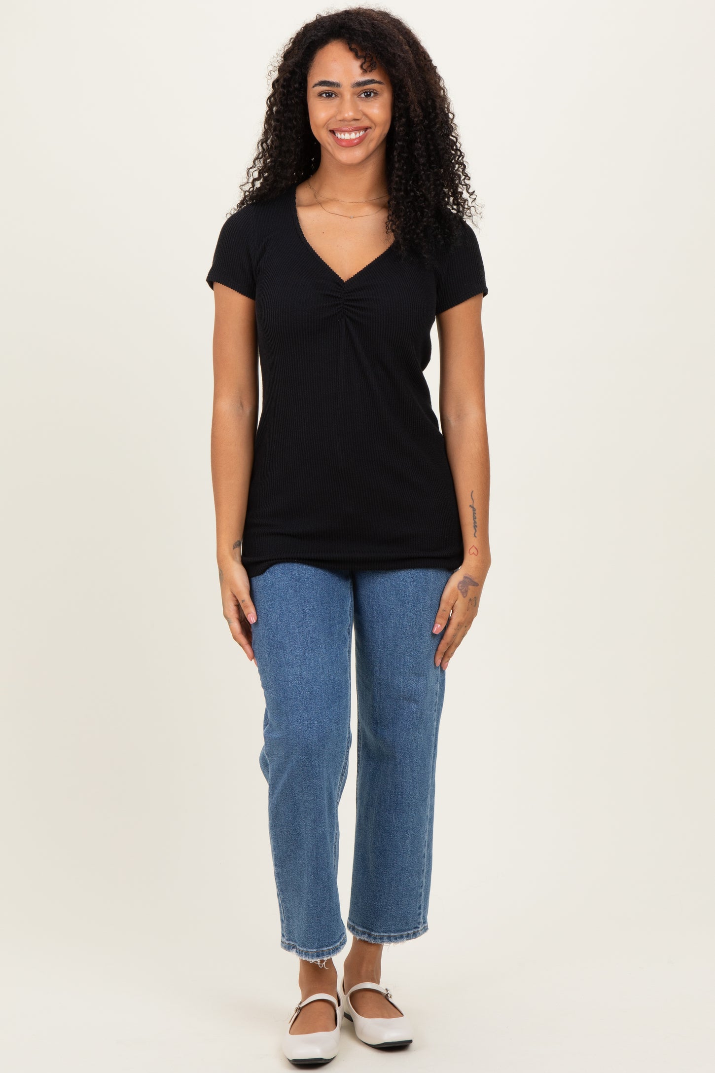 Black Ribbed Sweetheart-Neckline Top
