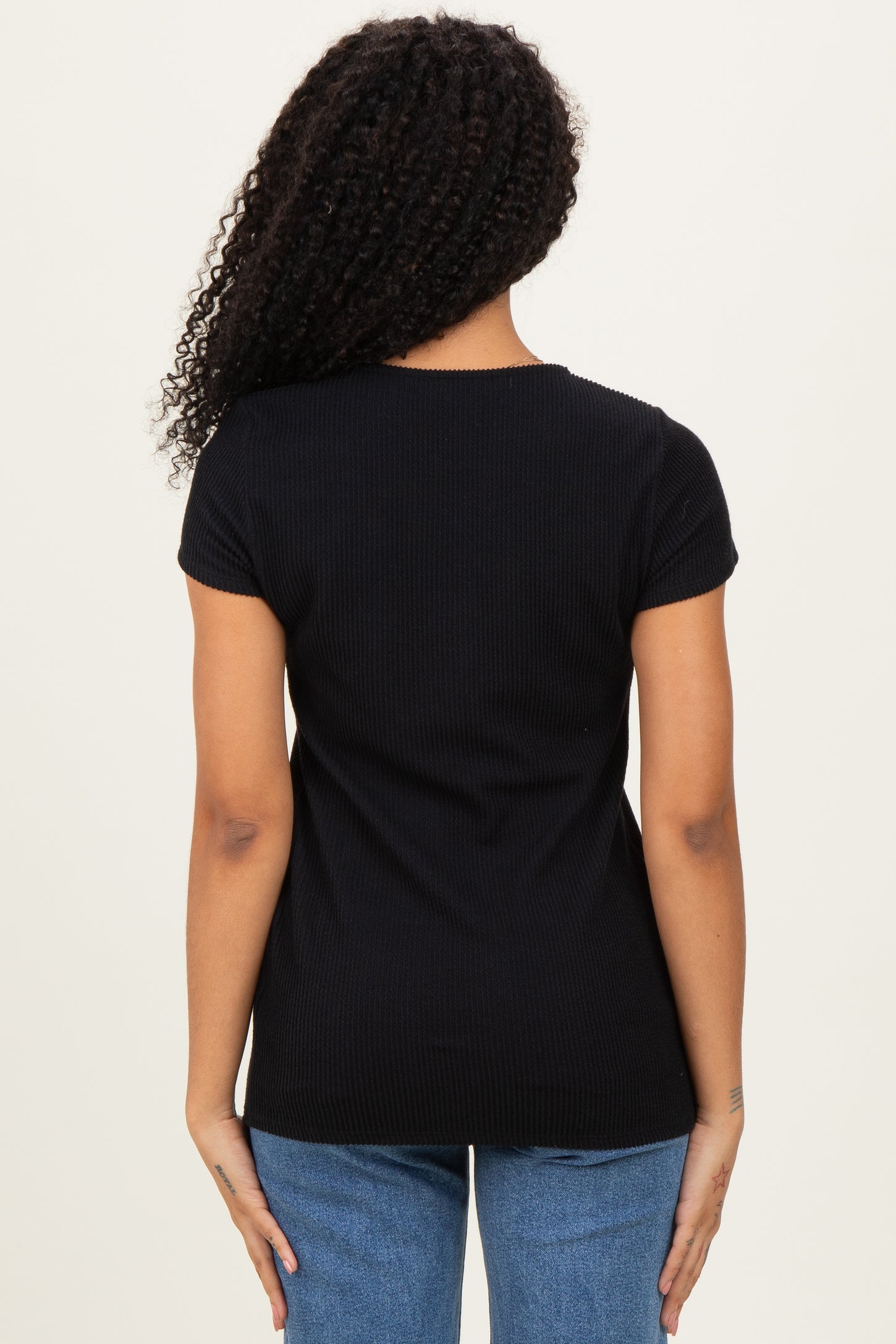 Black Ribbed Sweetheart-Neckline Top