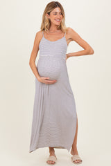 Oatmeal Striped Sleeveless Maternity Maxi Dress
