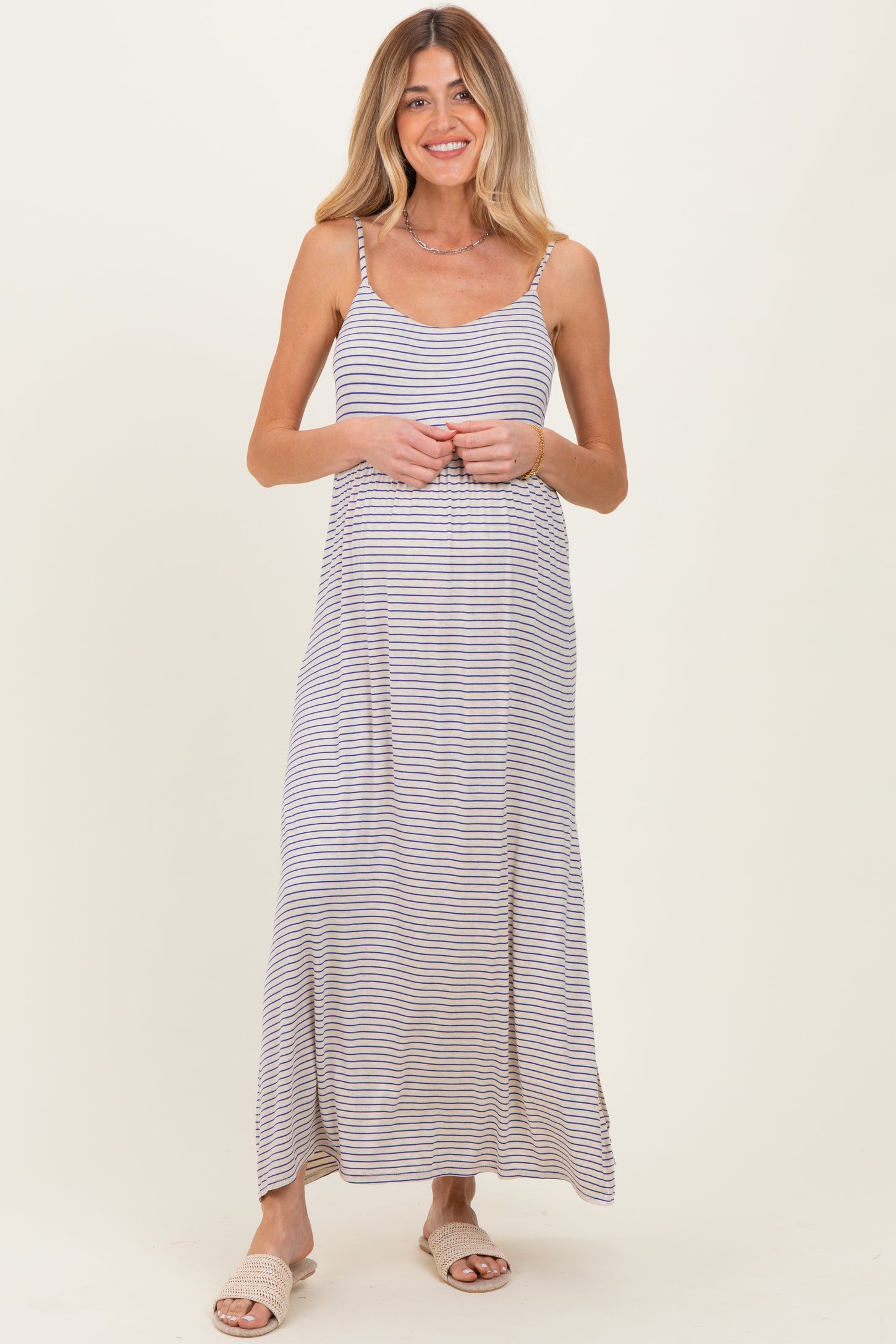 Oatmeal Striped Sleeveless Maternity Maxi Dress