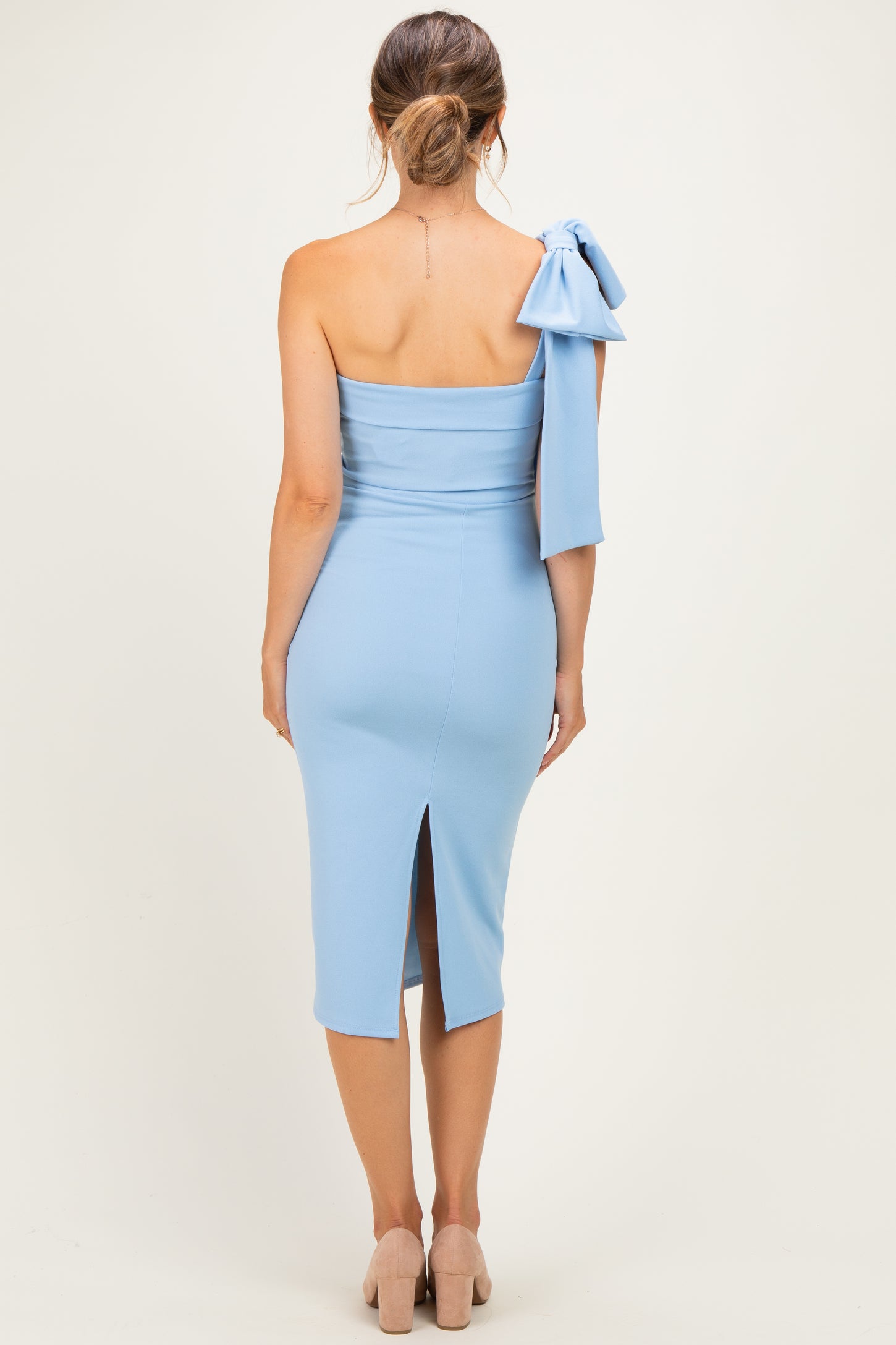 Light Blue One Shoulder Bow Maternity Midi Dress