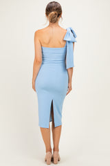 Light Blue One Shoulder Bow Maternity Midi Dress
