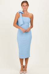 Light Blue One Shoulder Bow Maternity Midi Dress