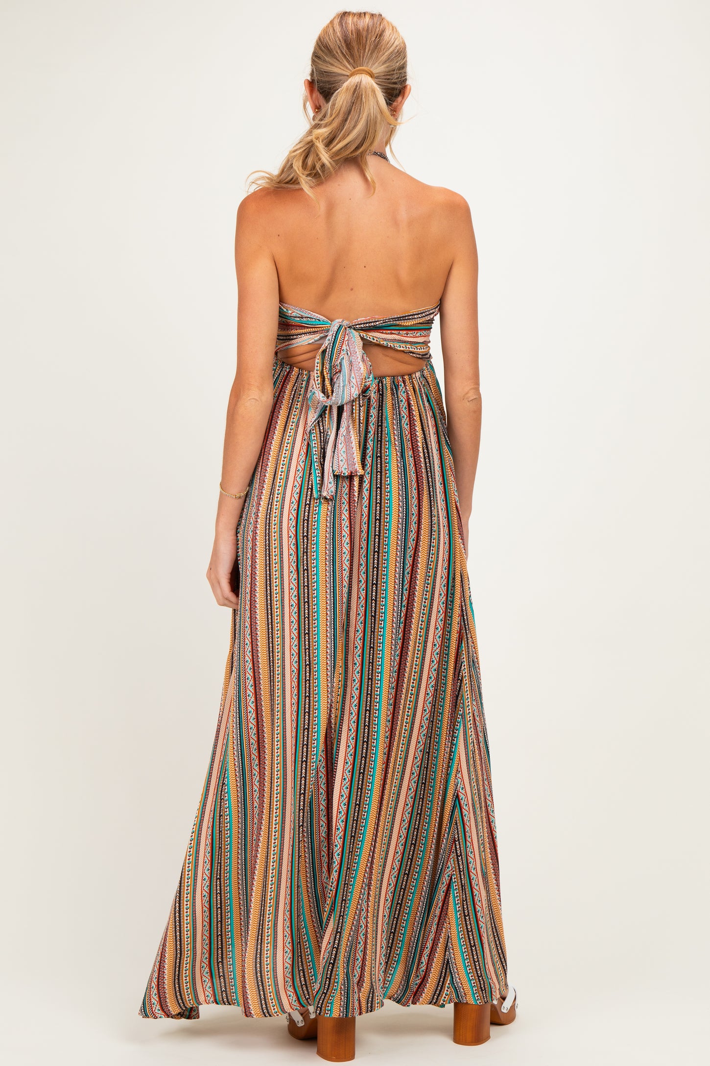 Multicolor Printed V-Neck Halter Maternity Maxi Dress
