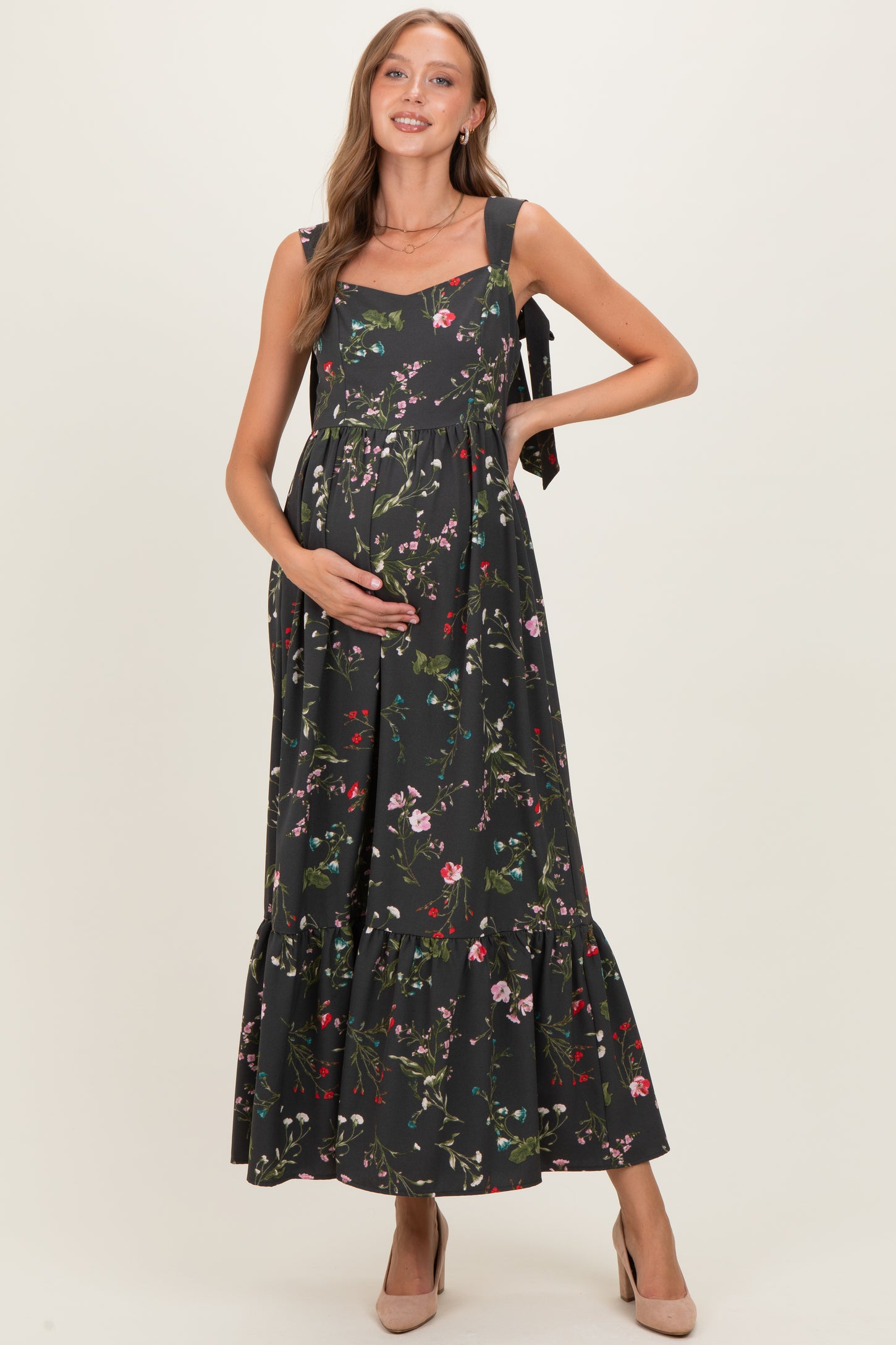 Forest Green Floral Bow Strap Maternity Maxi Dress