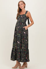 Forest Green Floral Bow Strap Maternity Maxi Dress