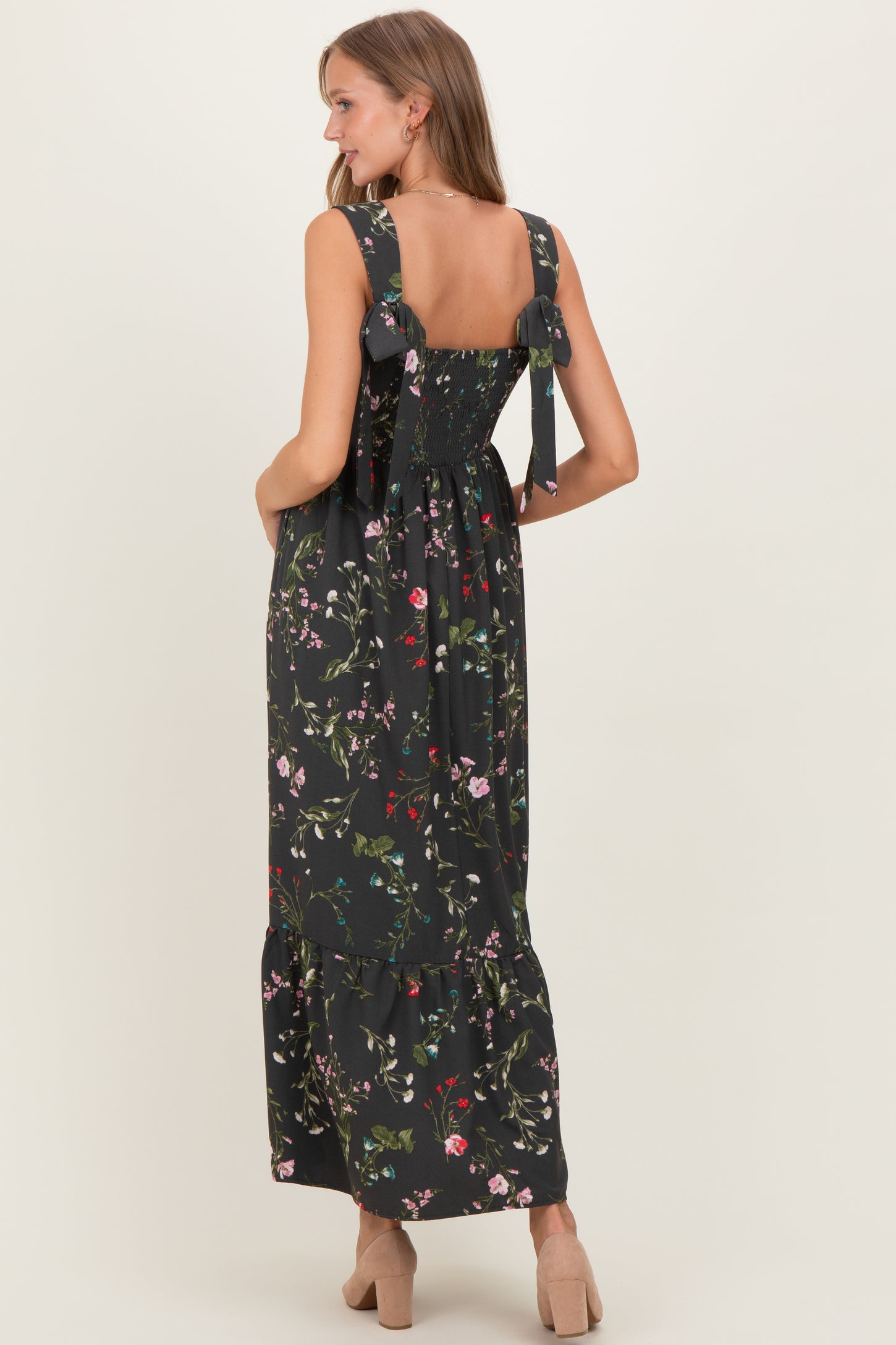 Forest Green Floral Bow Strap Maternity Maxi Dress