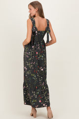 Forest Green Floral Bow Strap Maternity Maxi Dress