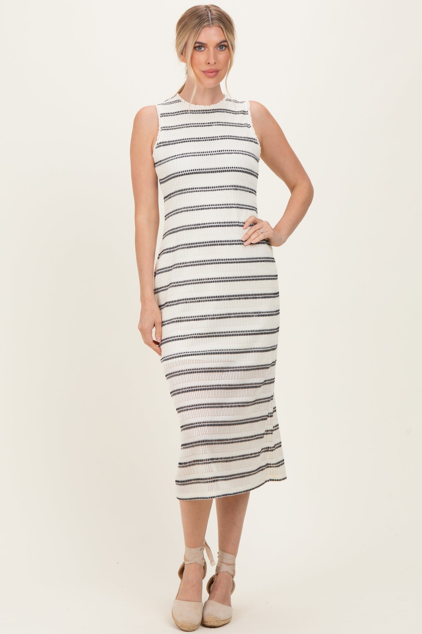 Ivory Striped Mesh Sleeveless Midi Dress