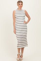Ivory Striped Mesh Sleeveless Midi Dress