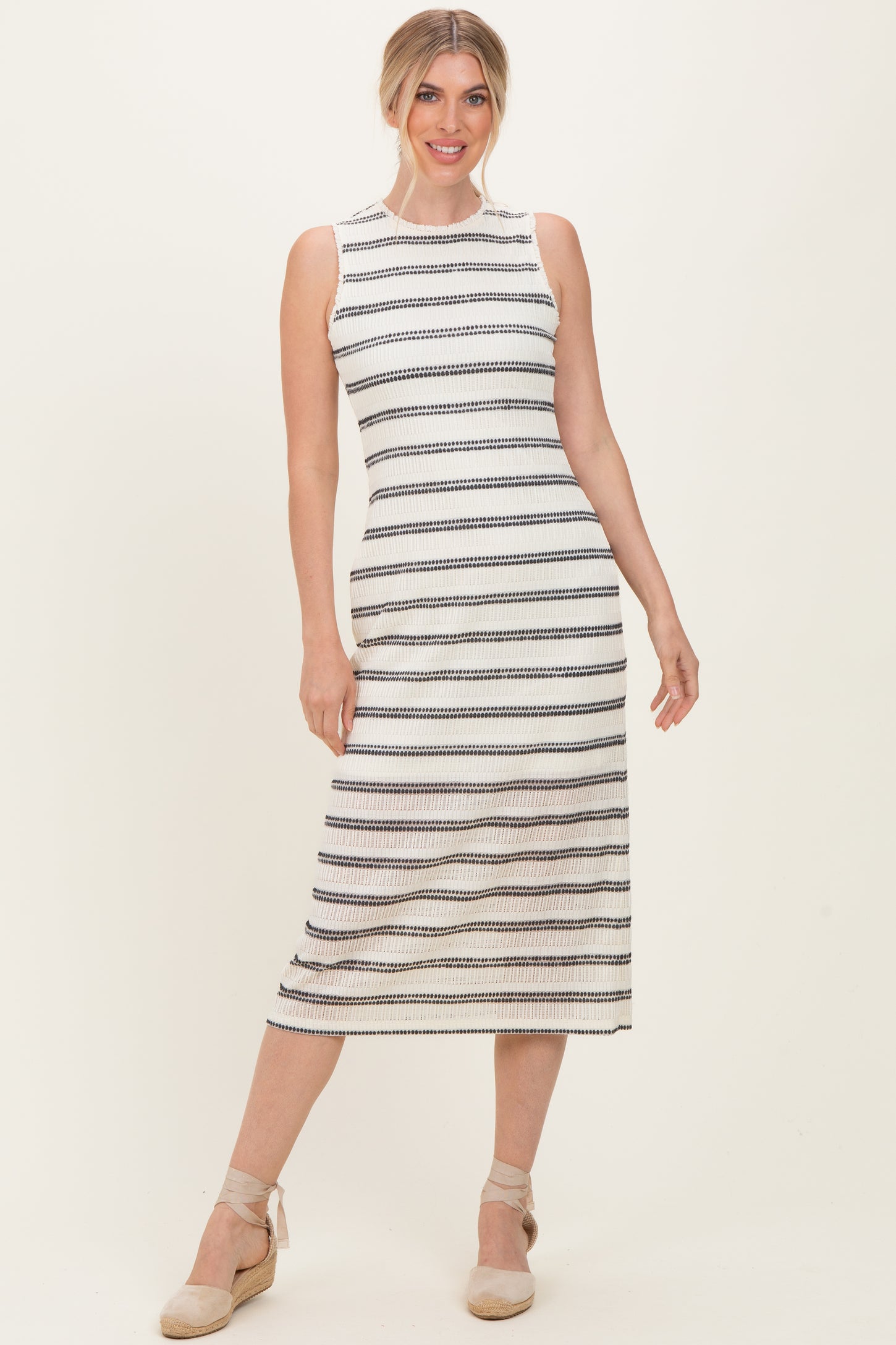 Ivory Striped Mesh Sleeveless Midi Dress