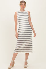 Ivory Striped Mesh Sleeveless Midi Dress
