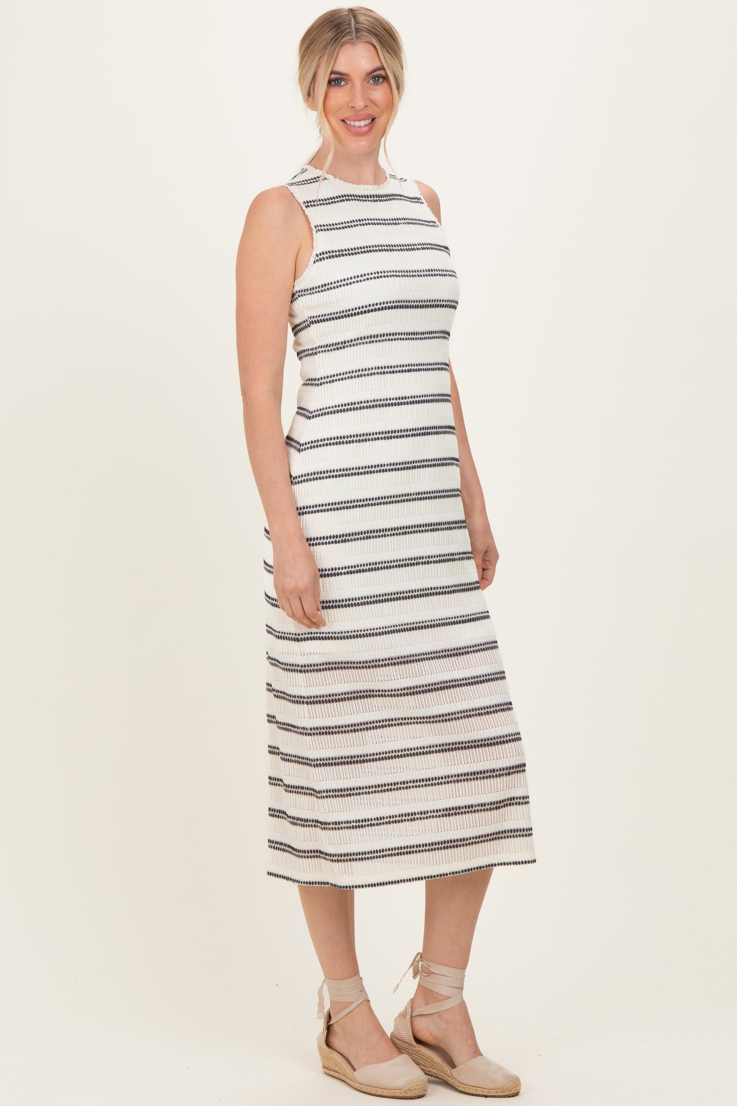 Ivory Striped Mesh Sleeveless Midi Dress