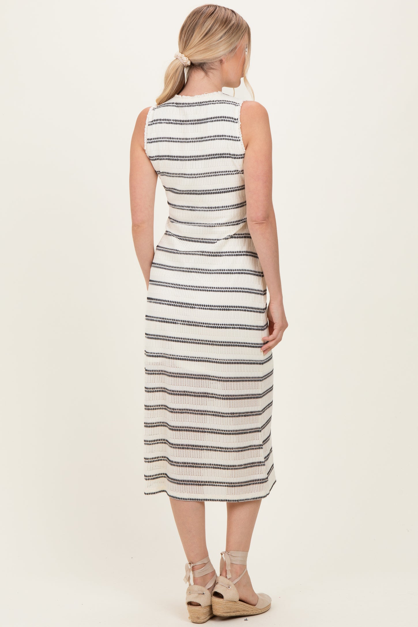 Ivory Striped Mesh Sleeveless Midi Dress