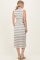 Ivory Striped Mesh Sleeveless Midi Dress