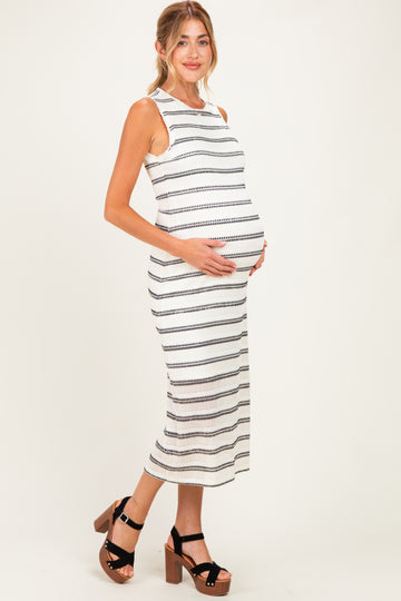 Ivory Striped Mesh Sleeveless Maternity Midi Dress