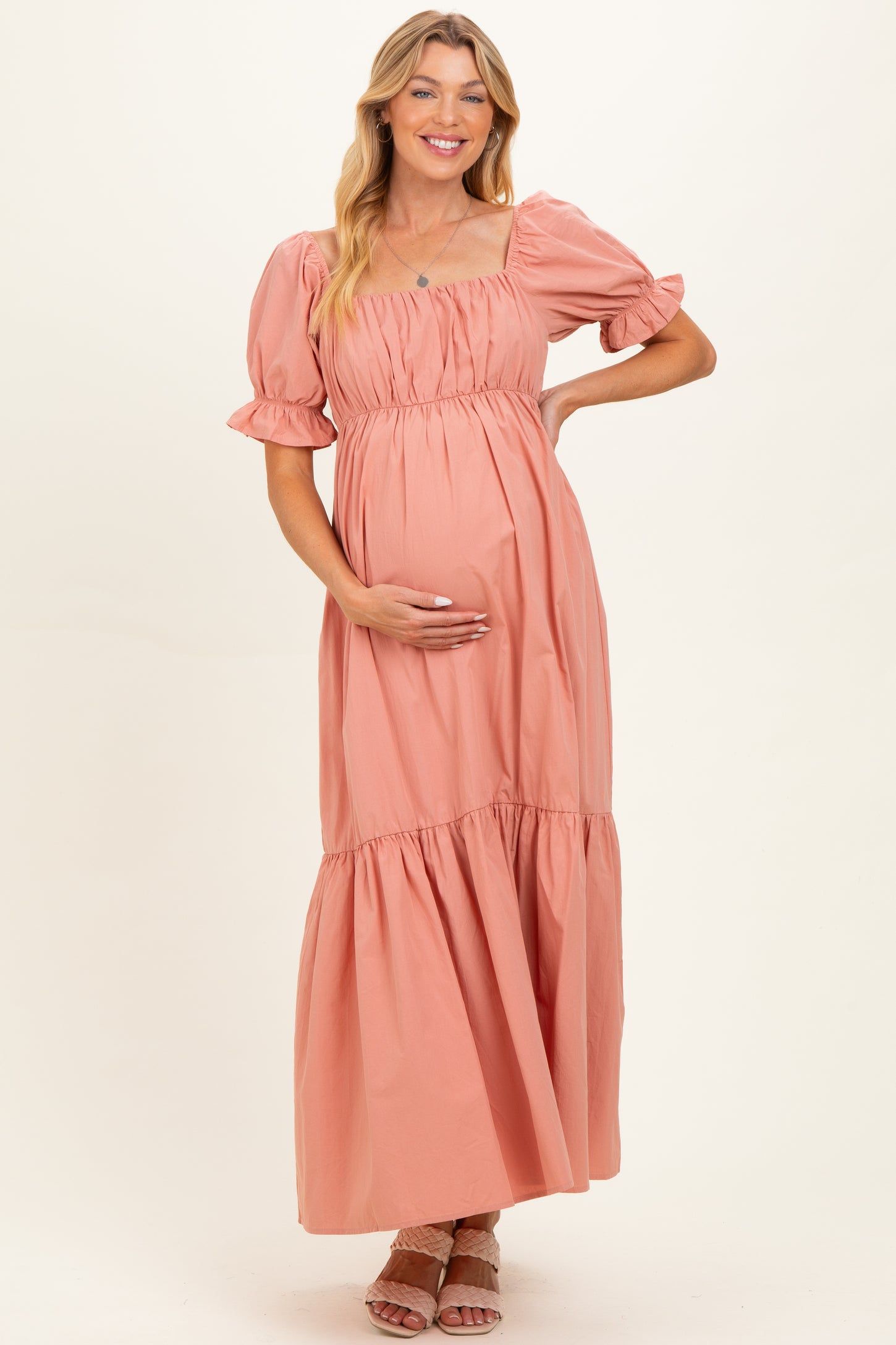 Rose Pink Open Back Ribbon Tie Maternity Maxi Dress