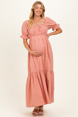 Rose Pink Open Back Ribbon Tie Maternity Maxi Dress