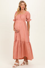 Rose Pink Open Back Ribbon Tie Maternity Maxi Dress