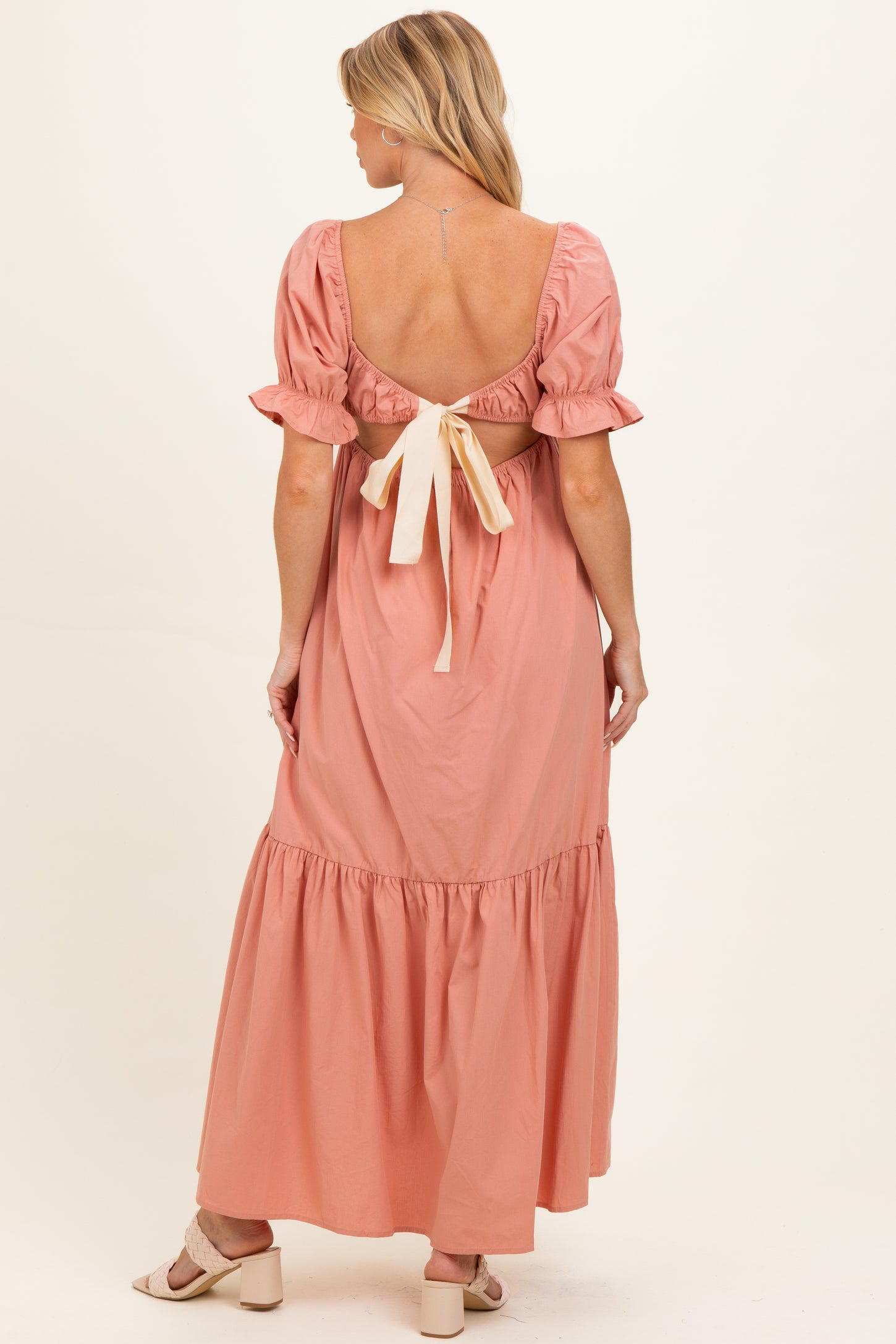 Rose Pink Open Back Ribbon Tie Maternity Maxi Dress