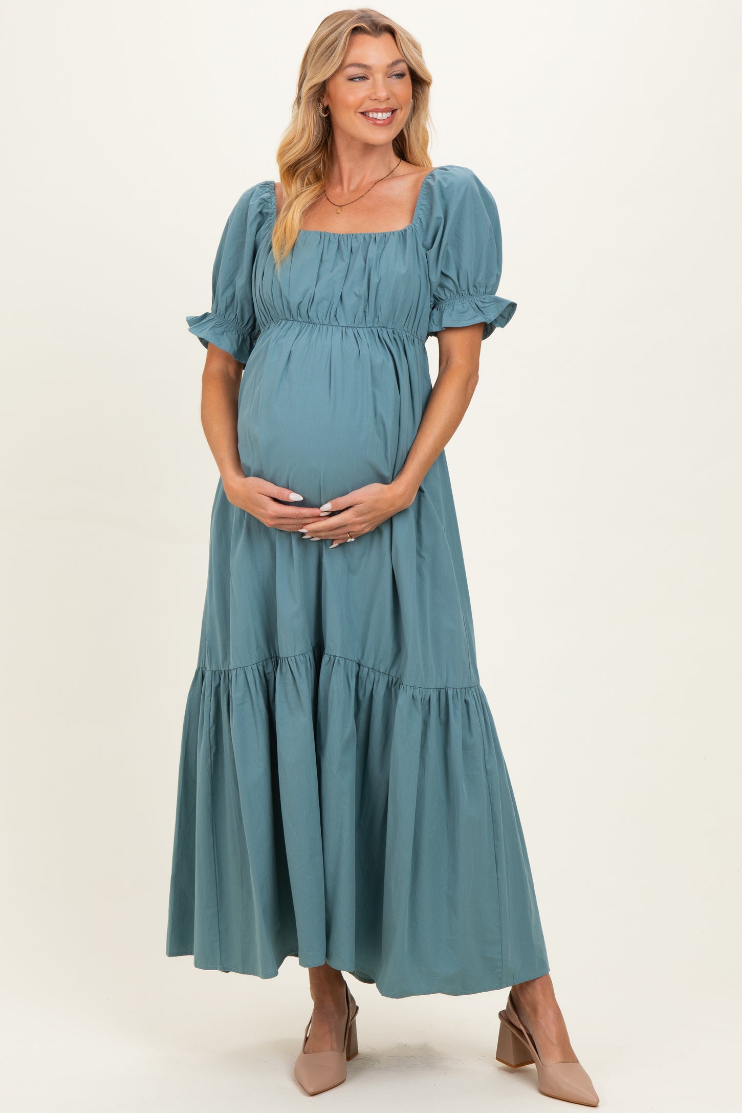 Blue Open Back Ribbon Tie Maternity Maxi Dress