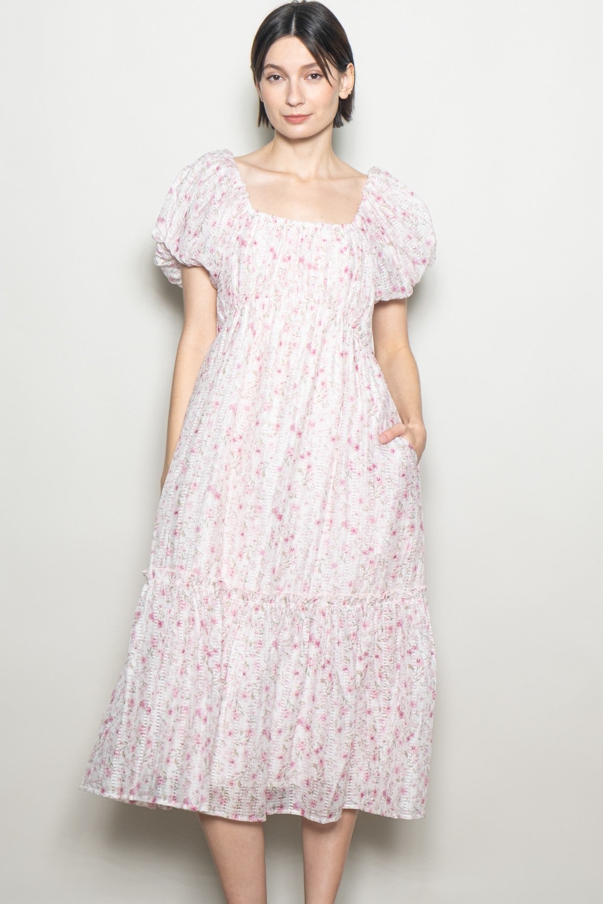 Pink Floral Puff Sleeve Maternity Midi Dress