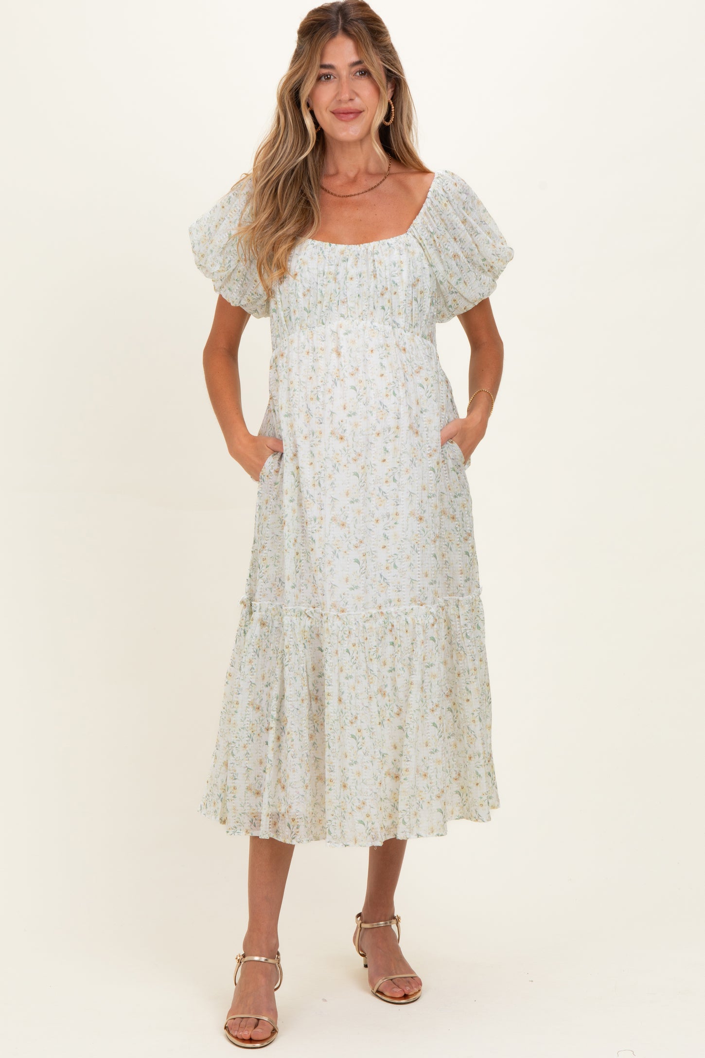 Daisy Floral Puff Sleeve Maternity Midi Dress