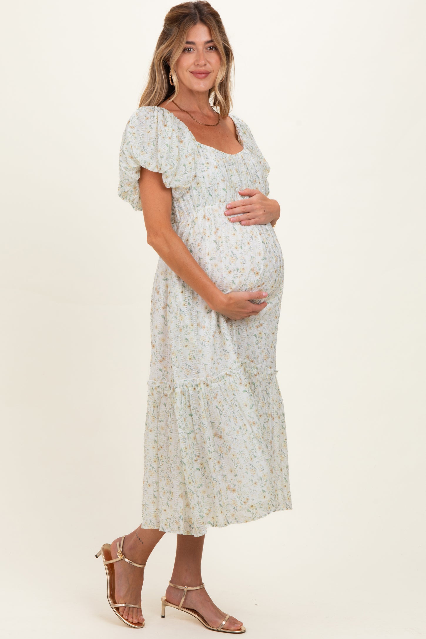 Daisy Floral Puff Sleeve Maternity Midi Dress