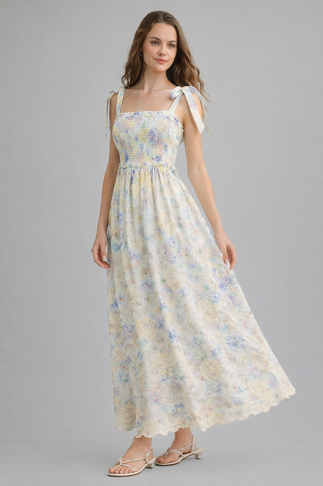 Blue Floral Smocked Shoulder Tie Maternity Maxi Dress
