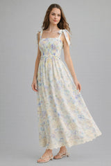 Blue Floral Smocked Shoulder Tie Maternity Maxi Dress