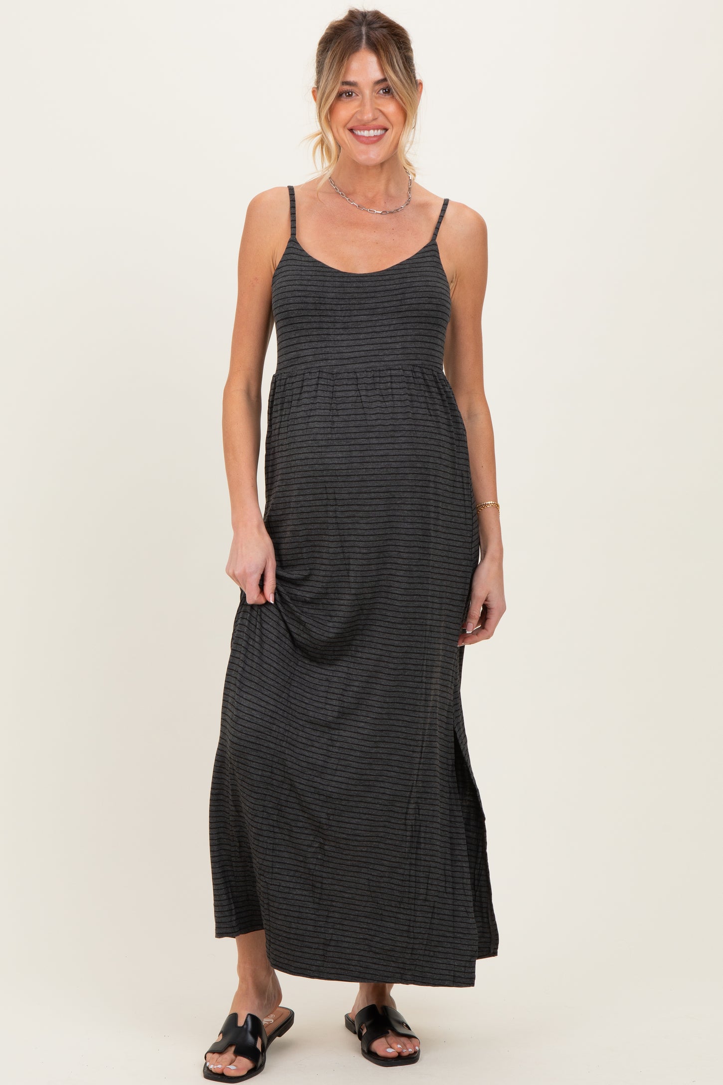 Charcoal Striped Sleeveless Maternity Maxi Dress
