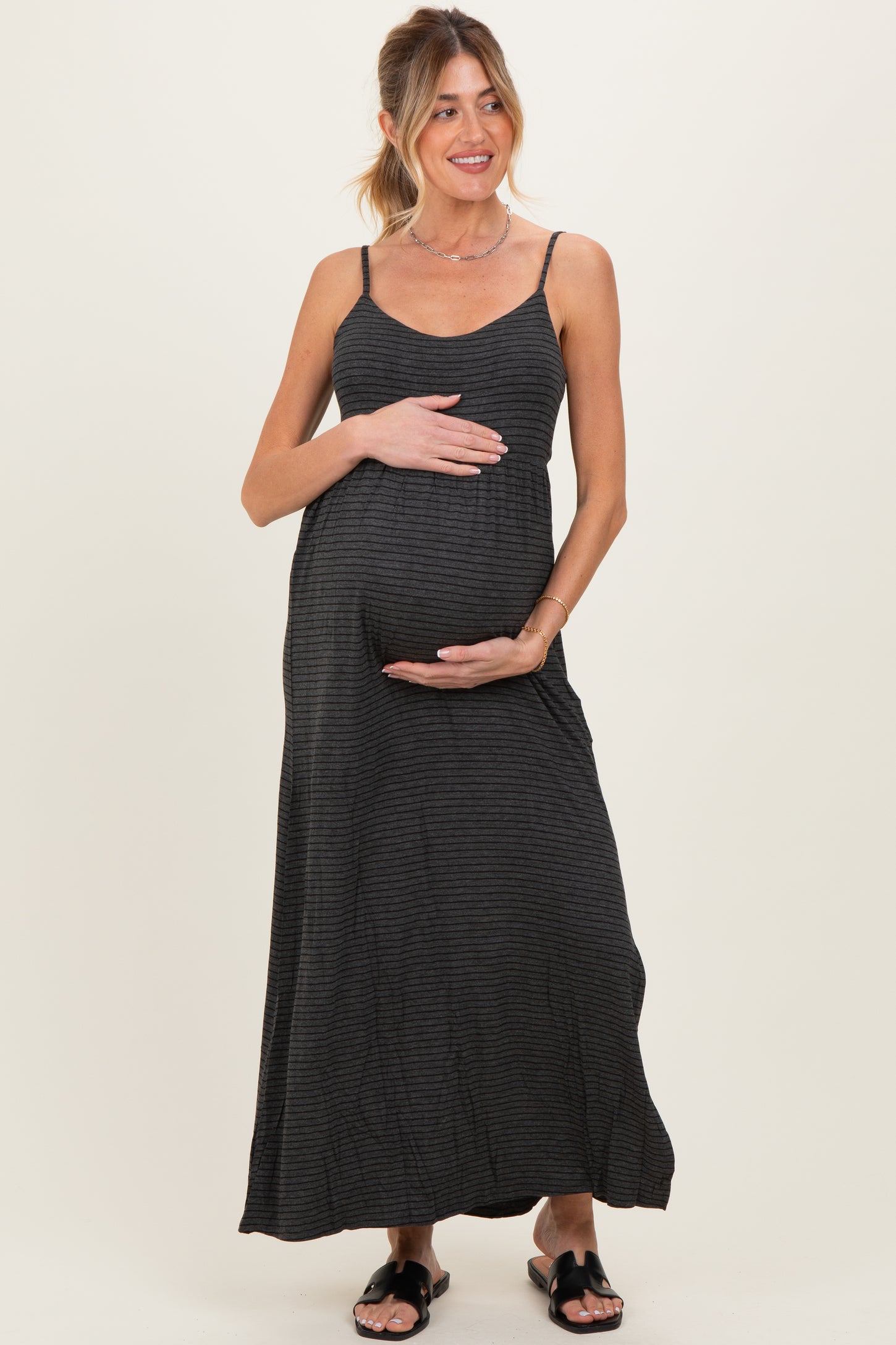 Charcoal Striped Sleeveless Maternity Maxi Dress