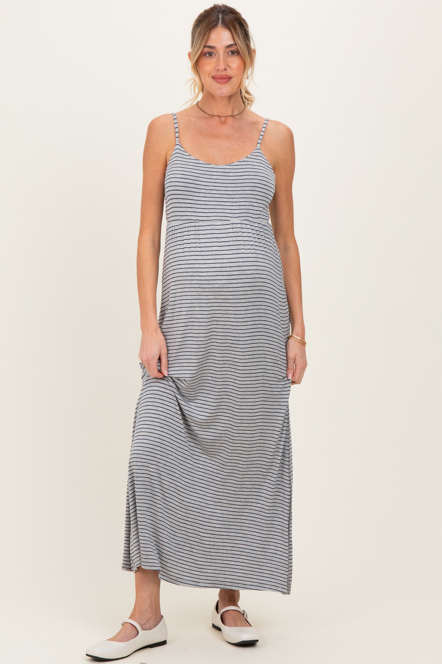 Heather Grey Striped Sleeveless Maternity Maxi Dress