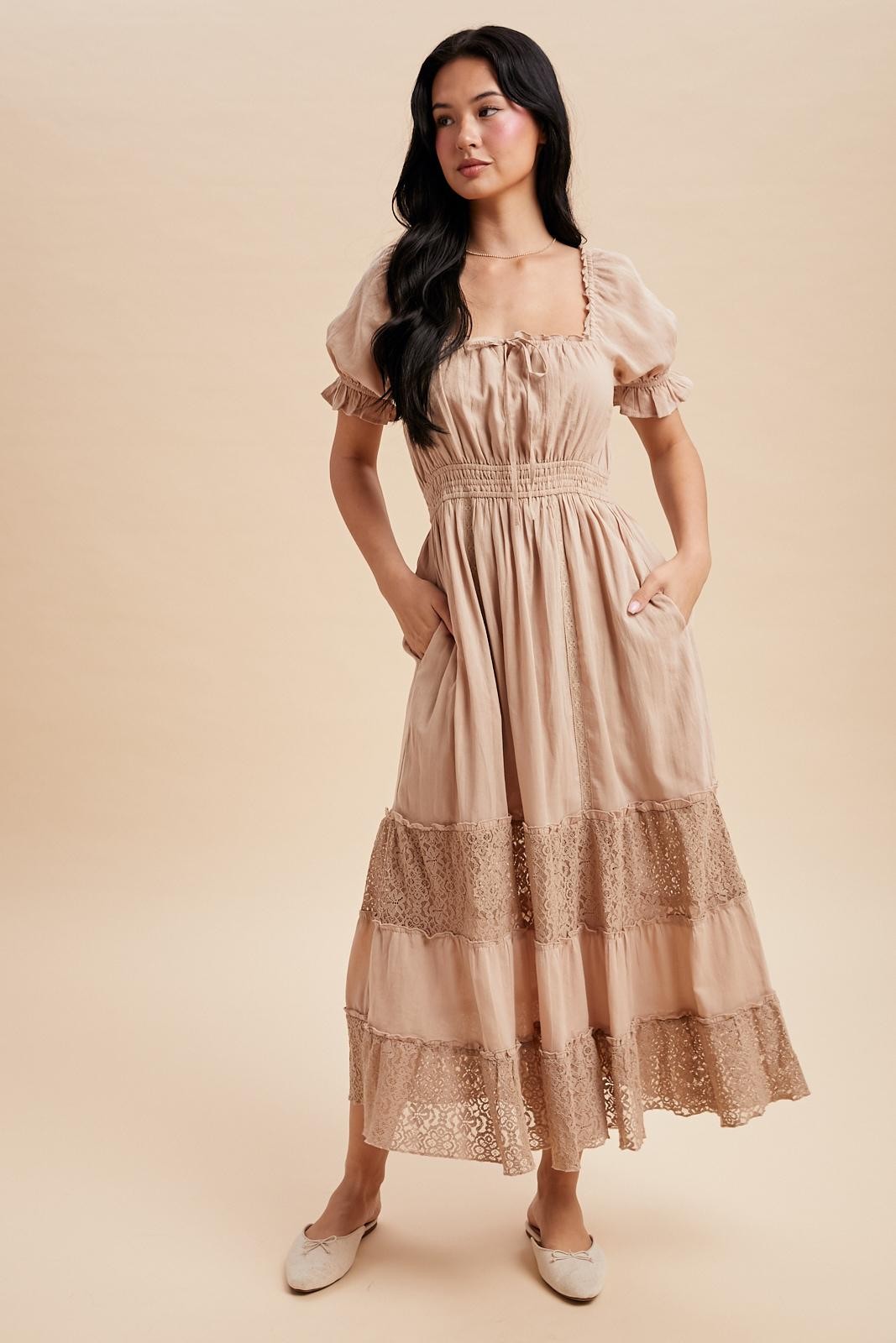 Taupe Lace Contrast Paneled Maternity Maxi Dress