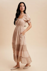 Taupe Lace Contrast Paneled Maxi Dress