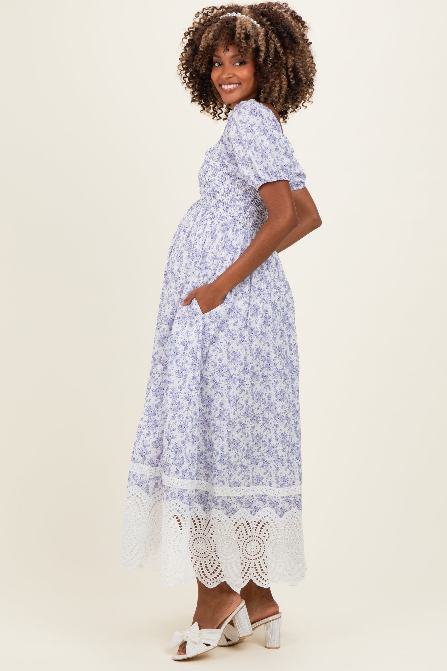 Light Blue Floral Smocked Maternity Maxi Dress