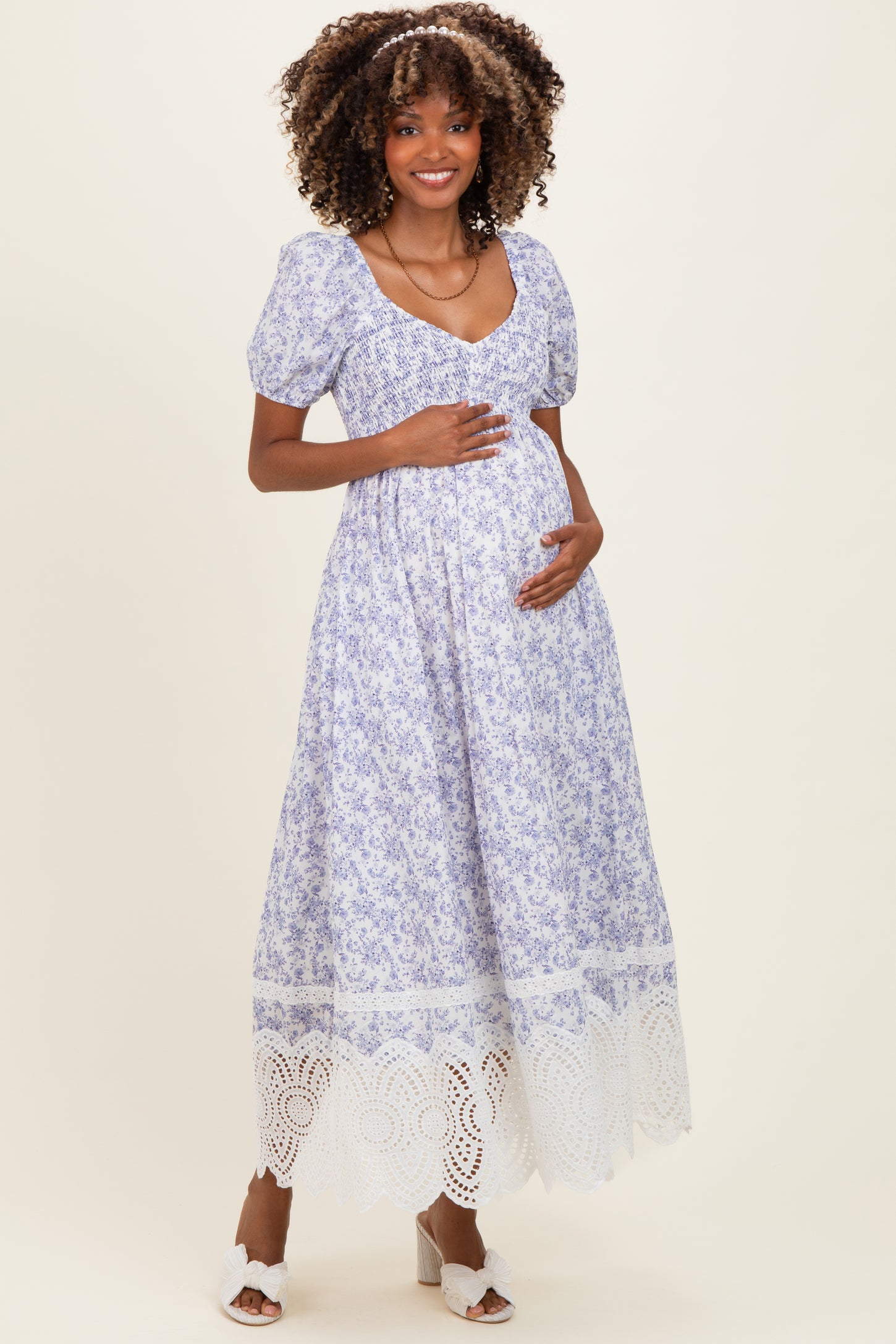 Light Blue Floral Smocked Maternity Maxi Dress