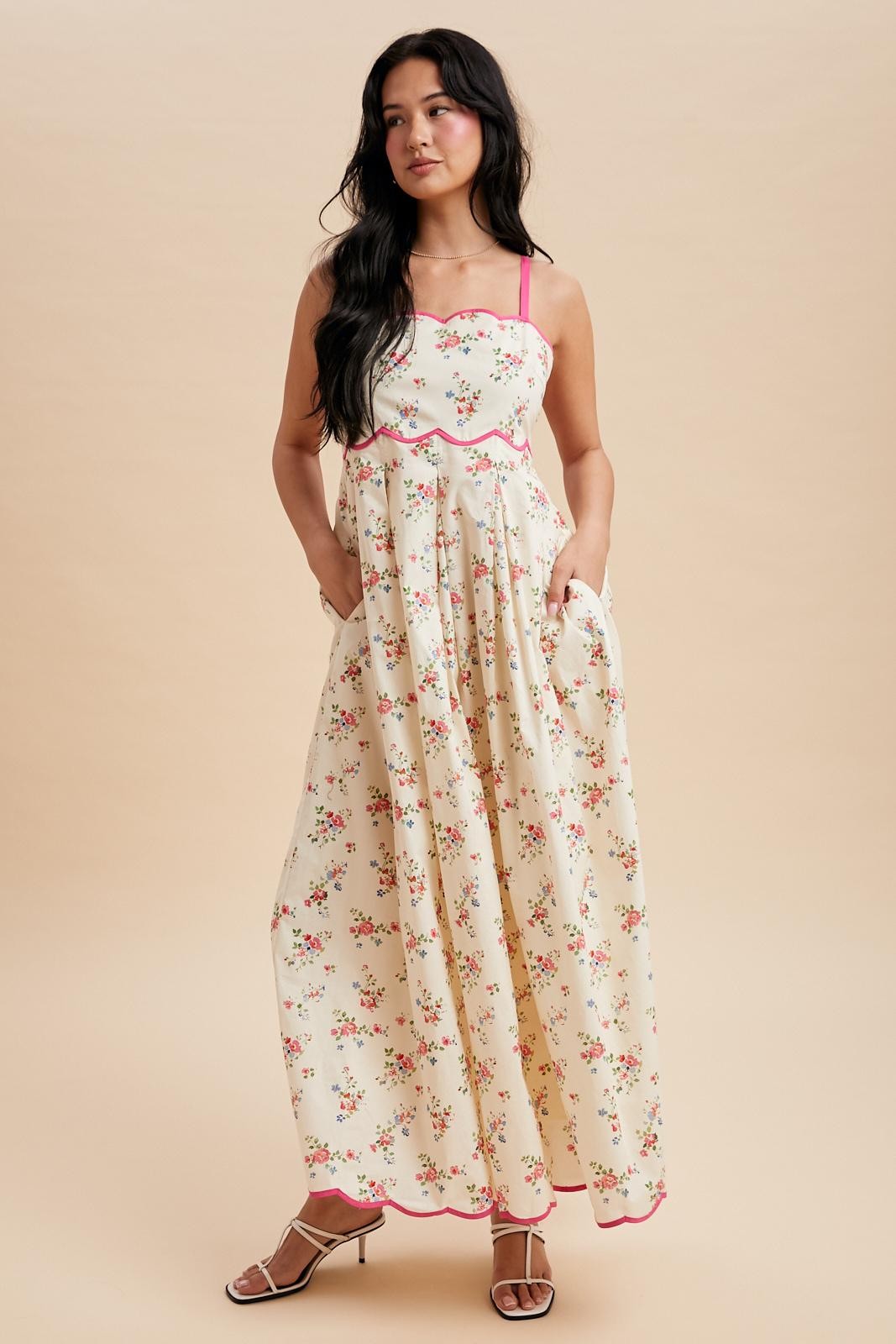 Pink Peony Creme Floral Scalloped Contrast Maxi Dress