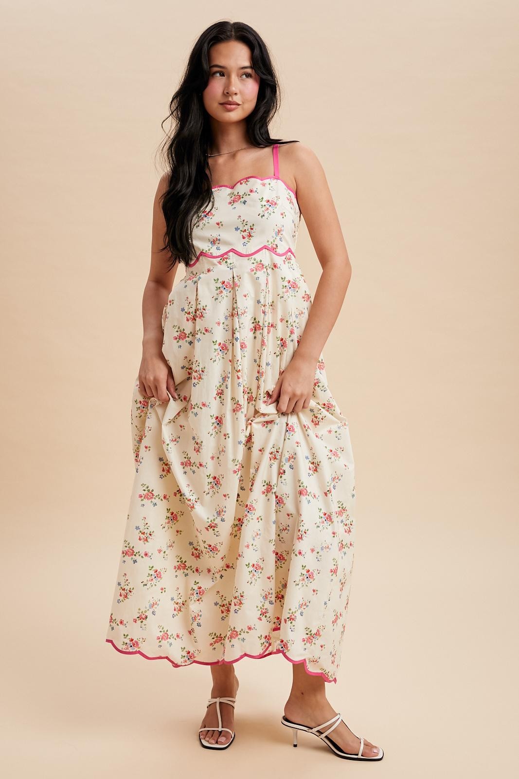 Pink Peony Creme Floral Scalloped Contrast Maxi Dress