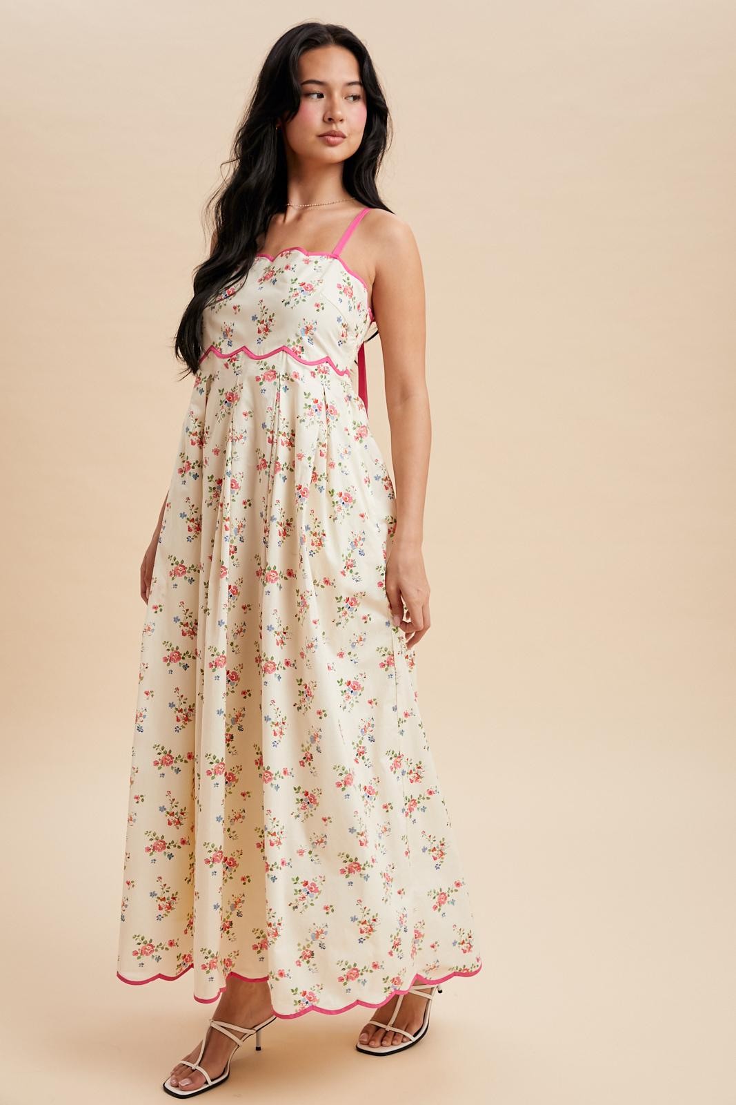 Pink Peony Creme Floral Scalloped Contrast Maxi Dress