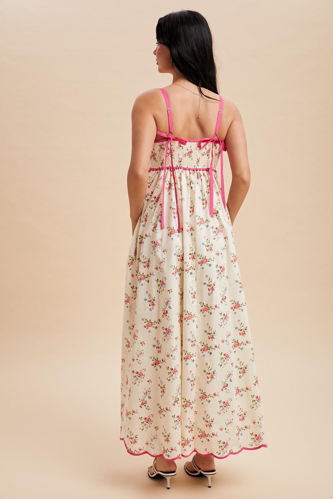 Pink Peony Creme Floral Scalloped Contrast Maxi Dress
