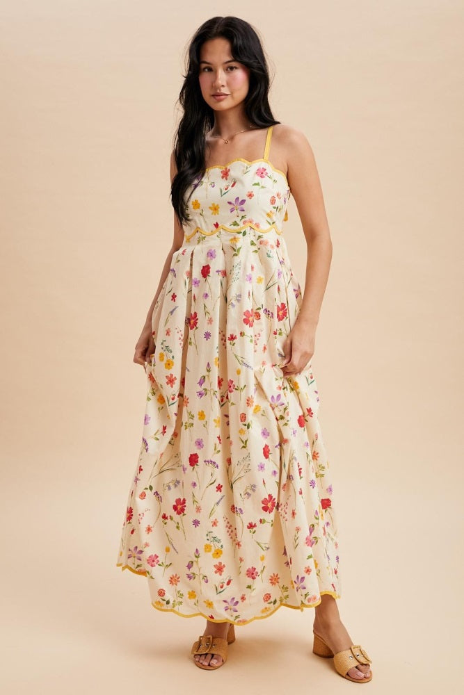 Yellow Daffodil Creme Floral Scalloped Contrast Maxi Dress