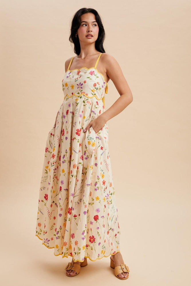 Yellow Daffodil Creme Floral Scalloped Contrast Maxi Dress