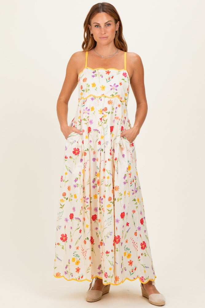 Yellow Daffodil Creme Floral Scalloped Contrast Maxi Dress
